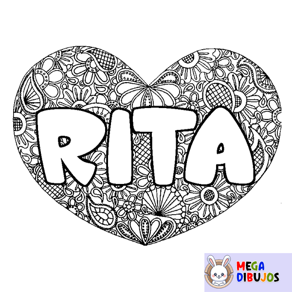 Coloraci&oacute;n del nombre RITA - decorado mandala de coraz&oacute;n