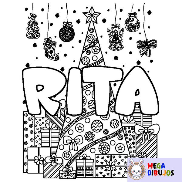 Coloraci&oacute;n del nombre RITA - decorado &aacute;rbol de Navidad y regalos
