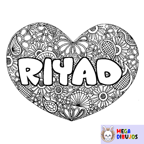 Coloraci&oacute;n del nombre RIYAD - decorado mandala de coraz&oacute;n