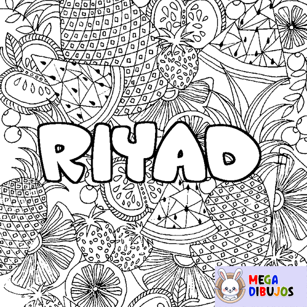 Coloraci&oacute;n del nombre RIYAD - decorado mandala de frutas