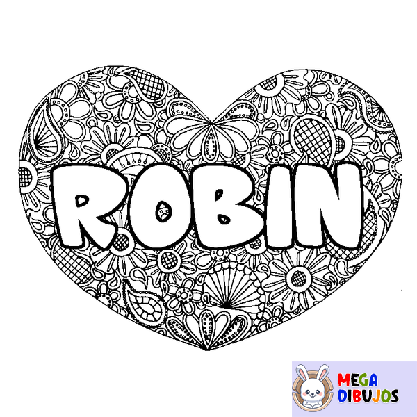 Coloraci&oacute;n del nombre ROBIN - decorado mandala de coraz&oacute;n