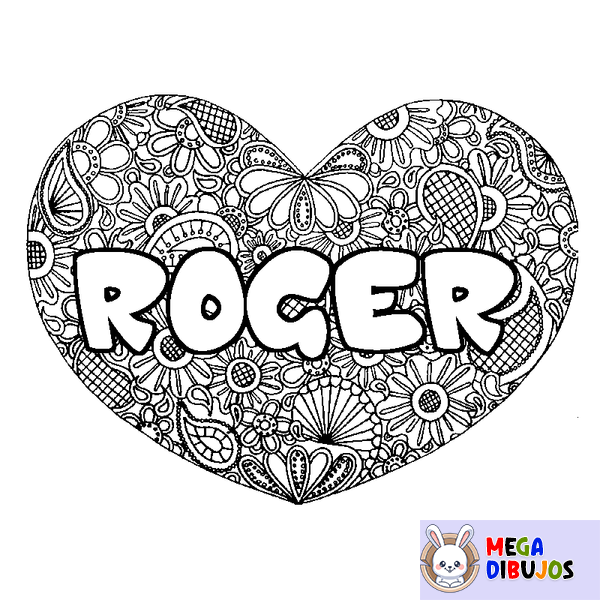 Coloraci&oacute;n del nombre ROGER - decorado mandala de coraz&oacute;n