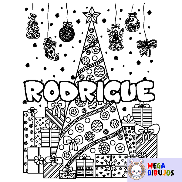 Coloraci&oacute;n del nombre RODRIGUE - decorado &aacute;rbol de Navidad y regalos