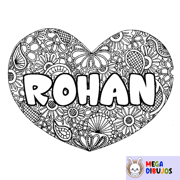 Coloraci&oacute;n del nombre ROHAN - decorado mandala de coraz&oacute;n