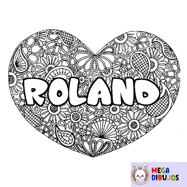 Coloraci&oacute;n del nombre ROLAND - decorado mandala de coraz&oacute;n