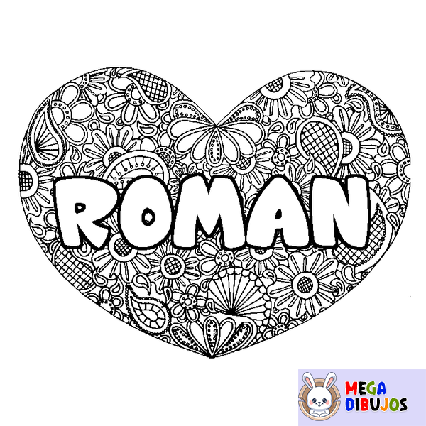 Coloraci&oacute;n del nombre ROMAN - decorado mandala de coraz&oacute;n