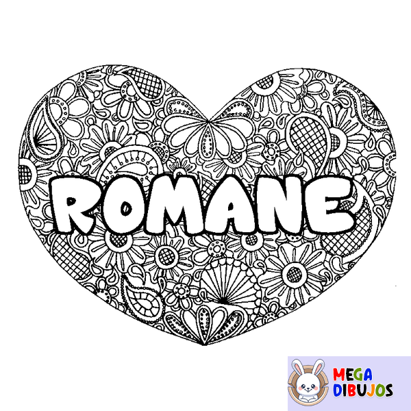Coloraci&oacute;n del nombre ROMANE - decorado mandala de coraz&oacute;n