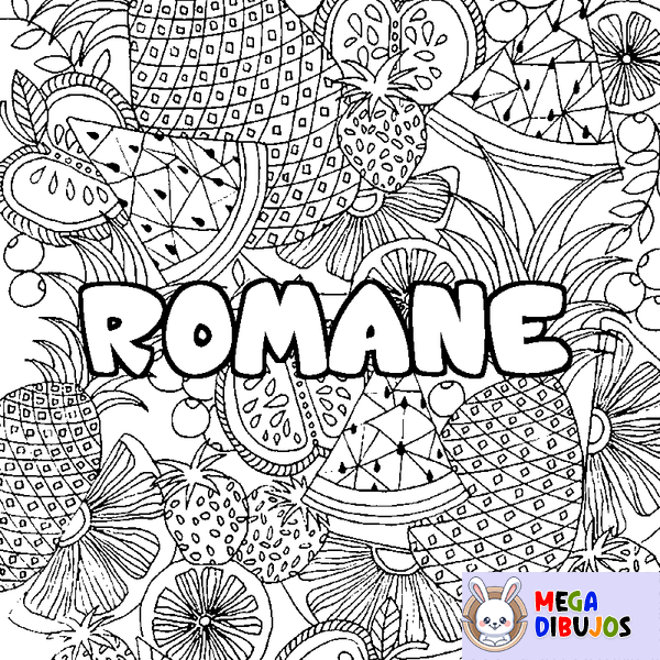 Coloraci&oacute;n del nombre ROMANE - decorado mandala de frutas
