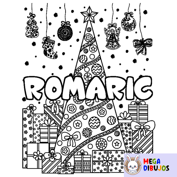 Coloraci&oacute;n del nombre ROMARIC - decorado &aacute;rbol de Navidad y regalos