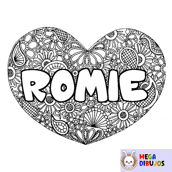 Coloraci&oacute;n del nombre ROMIE - decorado mandala de coraz&oacute;n
