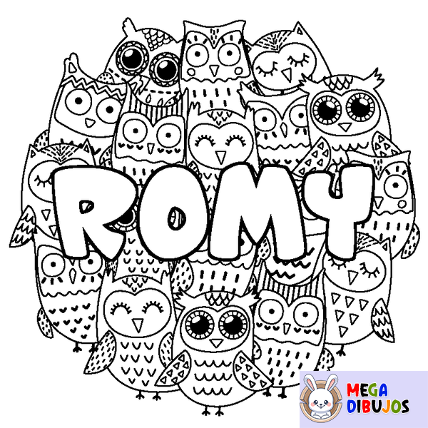 Coloraci&oacute;n del nombre ROMY - decorado b&uacute;hos