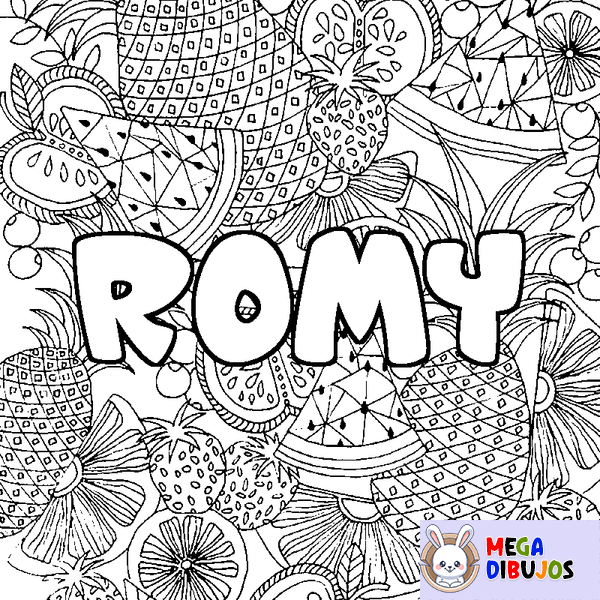 Coloraci&oacute;n del nombre ROMY - decorado mandala de frutas