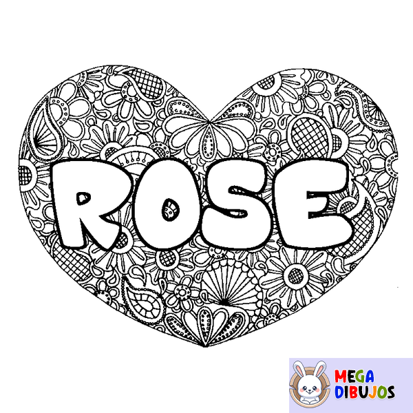 Coloraci&oacute;n del nombre ROSE - decorado mandala de coraz&oacute;n