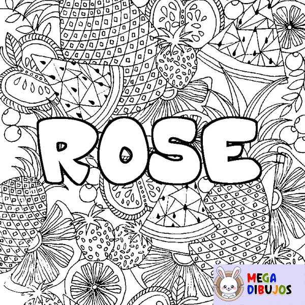 Coloraci&oacute;n del nombre ROSE - decorado mandala de frutas