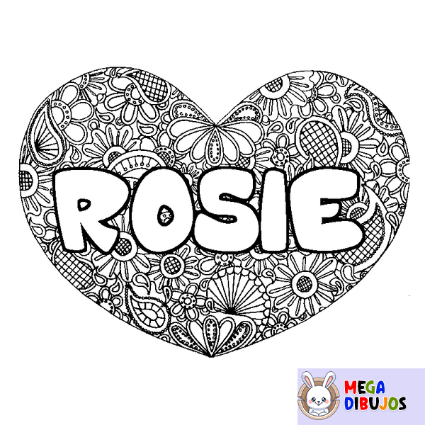 Coloraci&oacute;n del nombre ROSIE - decorado mandala de coraz&oacute;n