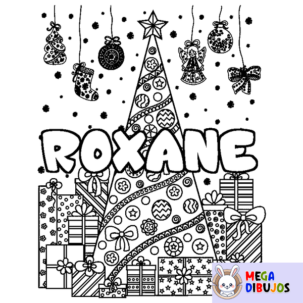 Coloraci&oacute;n del nombre ROXANE - decorado &aacute;rbol de Navidad y regalos