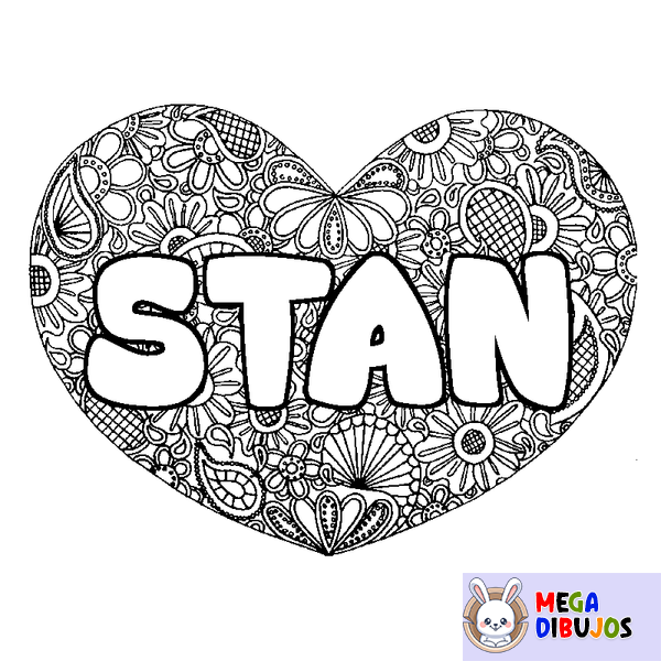 Coloraci&oacute;n del nombre STAN - decorado mandala de coraz&oacute;n