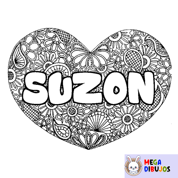 Coloraci&oacute;n del nombre SUZON - decorado mandala de coraz&oacute;n