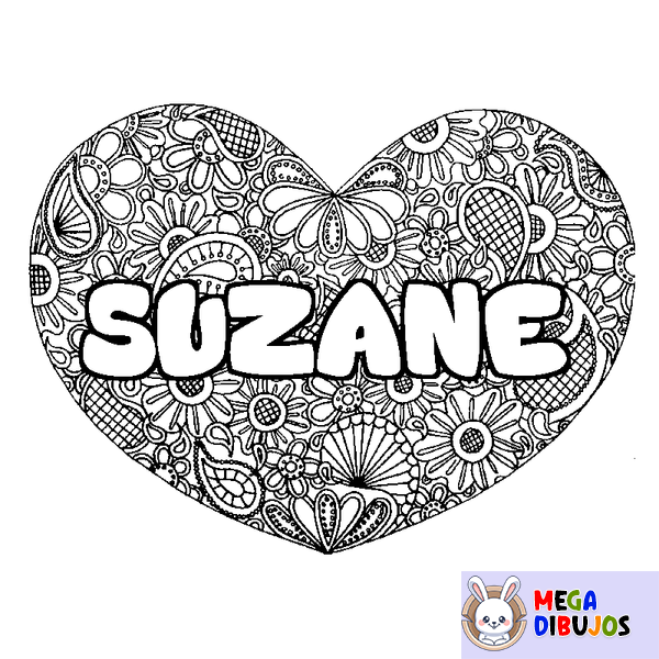 Coloraci&oacute;n del nombre SUZANE - decorado mandala de coraz&oacute;n