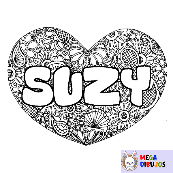 Coloraci&oacute;n del nombre SUZY - decorado mandala de coraz&oacute;n
