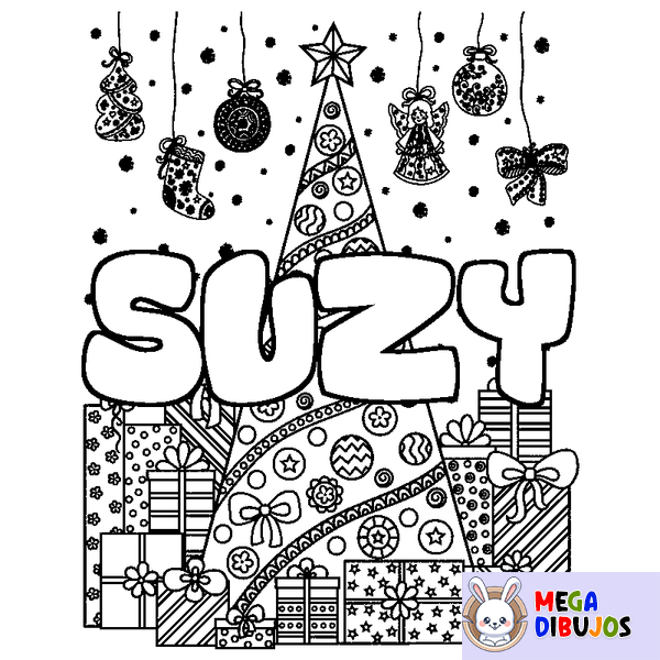 Coloraci&oacute;n del nombre SUZY - decorado &aacute;rbol de Navidad y regalos
