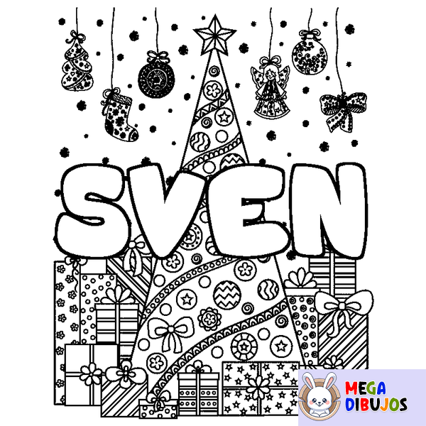 Coloraci&oacute;n del nombre SVEN - decorado &aacute;rbol de Navidad y regalos