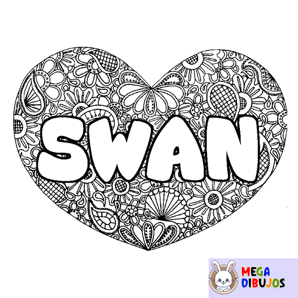 Coloraci&oacute;n del nombre SWAN - decorado mandala de coraz&oacute;n