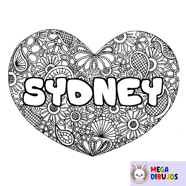 Coloraci&oacute;n del nombre SYDNEY - decorado mandala de coraz&oacute;n