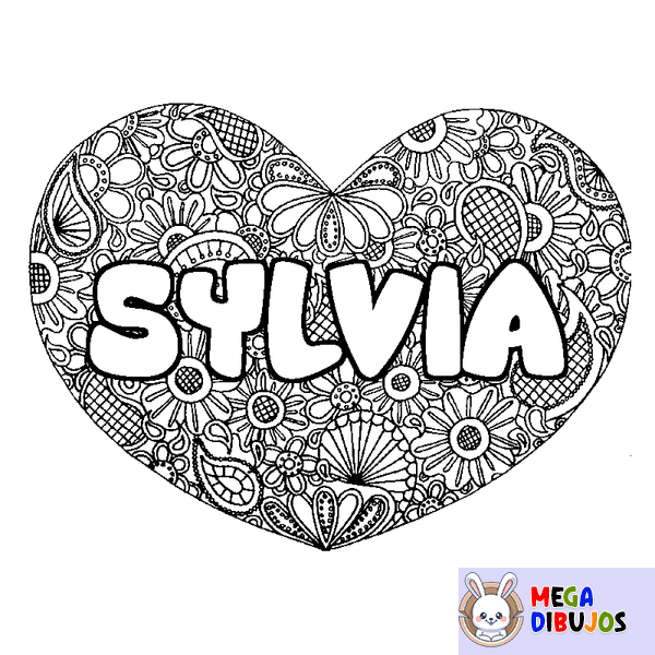 Coloraci&oacute;n del nombre SYLVIA - decorado mandala de coraz&oacute;n