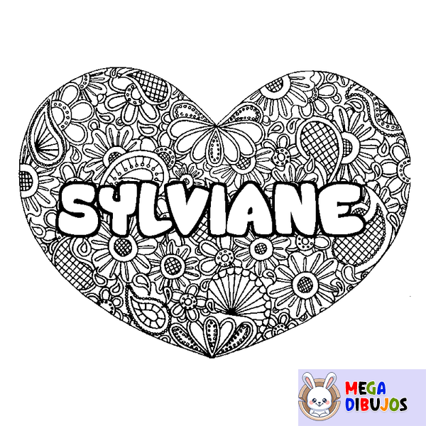 Coloraci&oacute;n del nombre SYLVIANE - decorado mandala de coraz&oacute;n