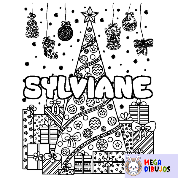Coloraci&oacute;n del nombre SYLVIANE - decorado &aacute;rbol de Navidad y regalos