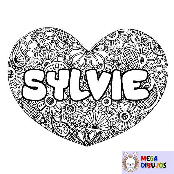 Coloraci&oacute;n del nombre SYLVIE - decorado mandala de coraz&oacute;n