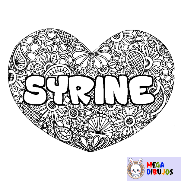 Coloraci&oacute;n del nombre SYRINE - decorado mandala de coraz&oacute;n