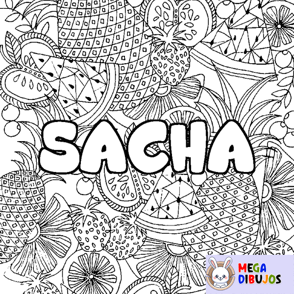 Coloraci&oacute;n del nombre SACHA - decorado mandala de frutas