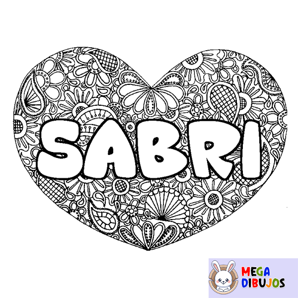 Coloraci&oacute;n del nombre SABRI - decorado mandala de coraz&oacute;n