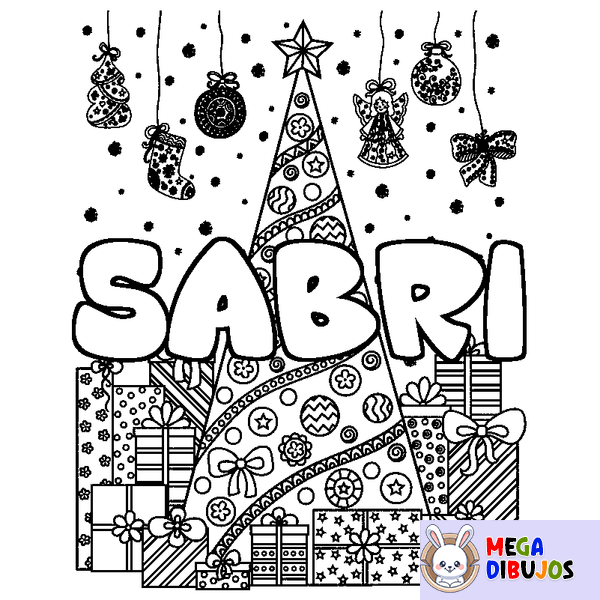 Coloraci&oacute;n del nombre SABRI - decorado &aacute;rbol de Navidad y regalos