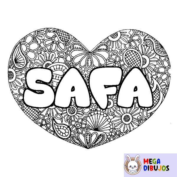 Coloraci&oacute;n del nombre SAFA - decorado mandala de coraz&oacute;n
