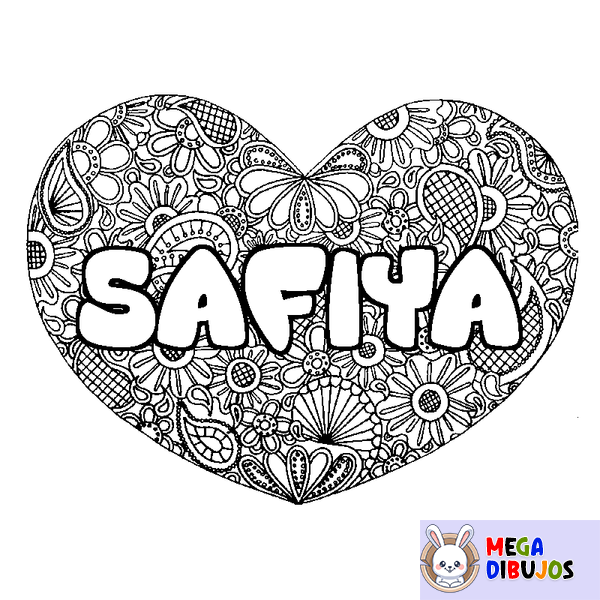 Coloraci&oacute;n del nombre SAFIYA - decorado mandala de coraz&oacute;n