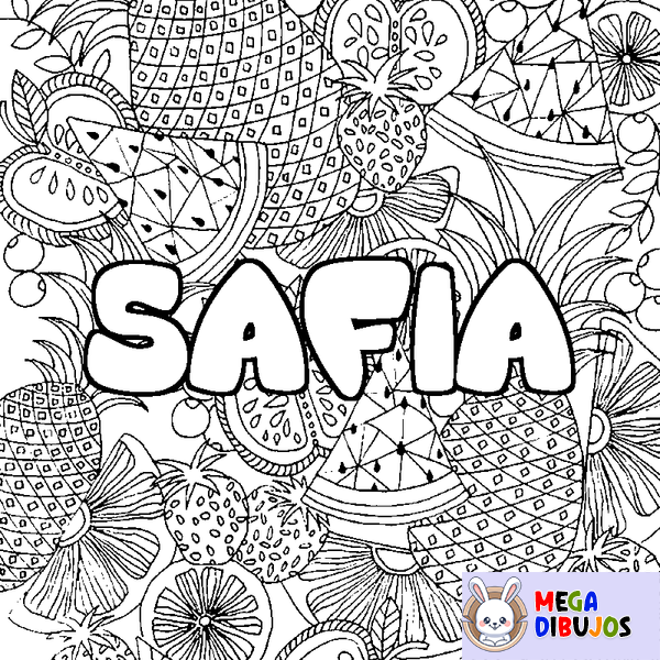 Coloraci&oacute;n del nombre SAFIA - decorado mandala de frutas