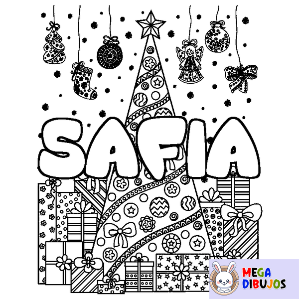Coloraci&oacute;n del nombre SAFIA - decorado &aacute;rbol de Navidad y regalos
