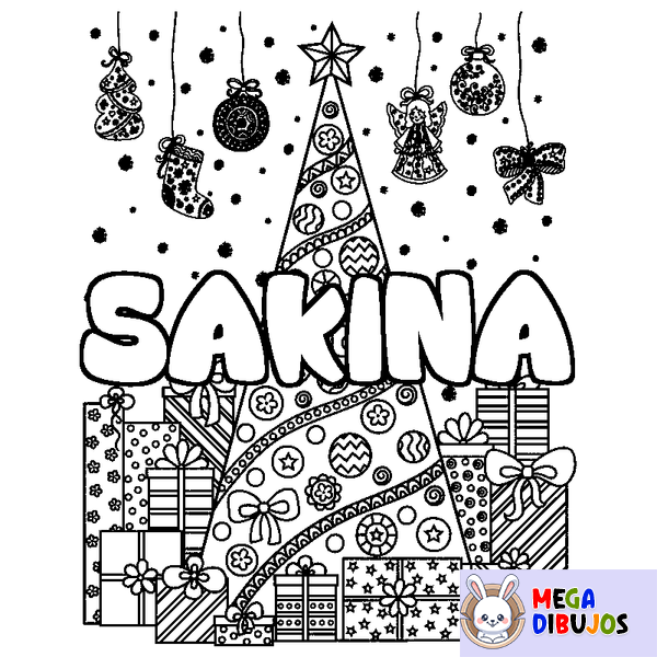 Coloraci&oacute;n del nombre SAKINA - decorado &aacute;rbol de Navidad y regalos