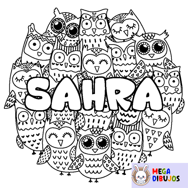 Coloraci&oacute;n del nombre SAHRA - decorado b&uacute;hos