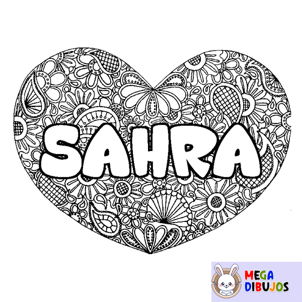 Coloraci&oacute;n del nombre SAHRA - decorado mandala de coraz&oacute;n