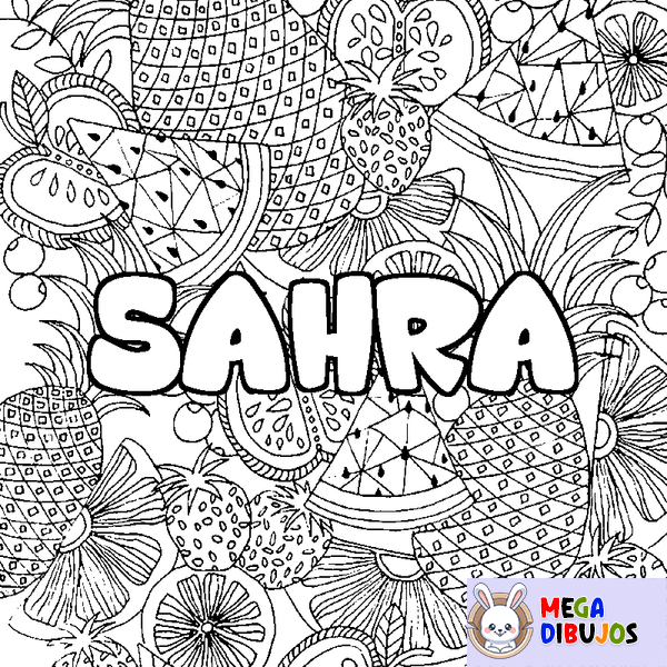 Coloraci&oacute;n del nombre SAHRA - decorado mandala de frutas