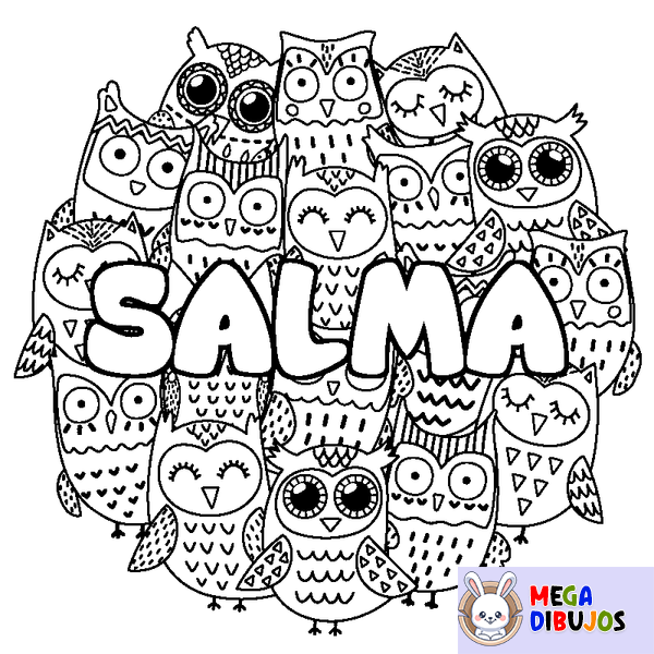 Coloraci&oacute;n del nombre SALMA - decorado b&uacute;hos