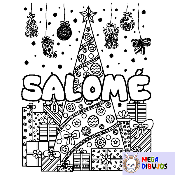 Coloraci&oacute;n del nombre SALOM&Eacute; - decorado &aacute;rbol de Navidad y regalos