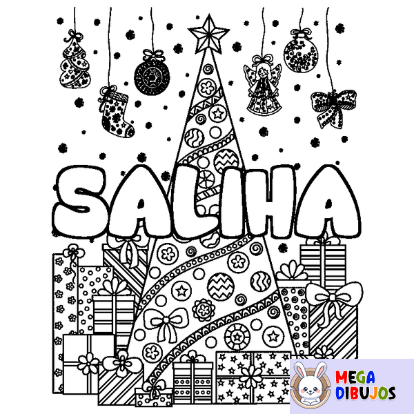Coloraci&oacute;n del nombre SALIHA - decorado &aacute;rbol de Navidad y regalos