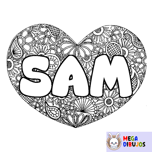 Coloraci&oacute;n del nombre SAM - decorado mandala de coraz&oacute;n