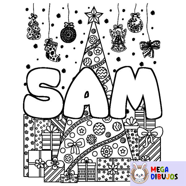 Coloraci&oacute;n del nombre SAM - decorado &aacute;rbol de Navidad y regalos