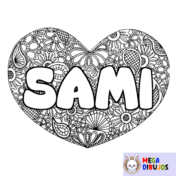 Coloraci&oacute;n del nombre SAMI - decorado mandala de coraz&oacute;n